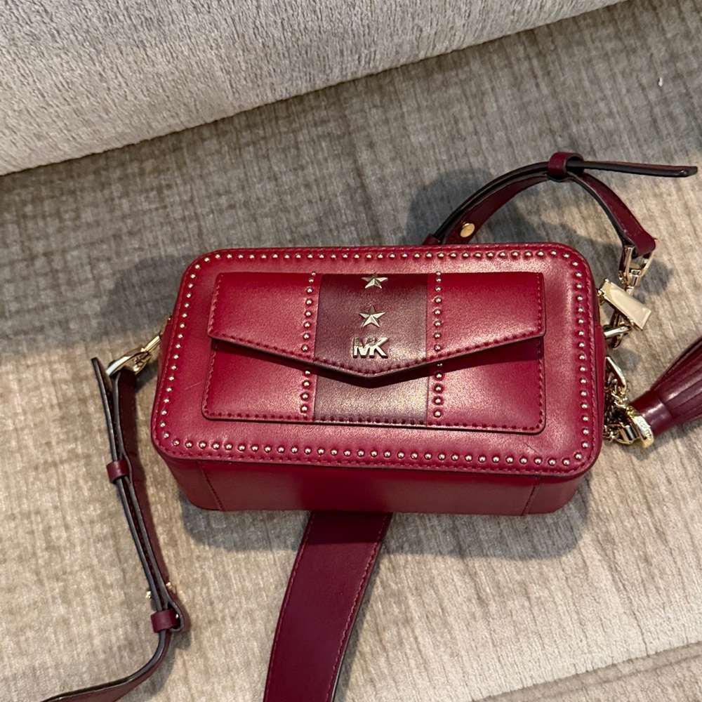 Michael Kors Wine studded camera Crossbody Bag with Gold Accents 4 x 7 - Picture 6 of 12